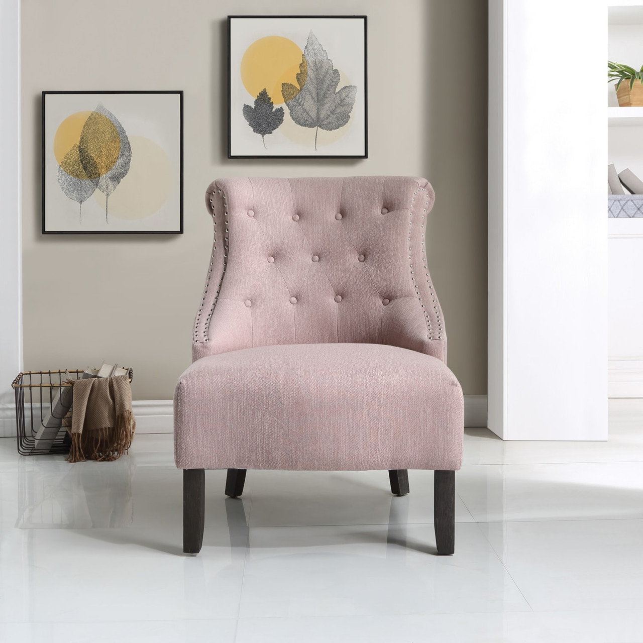 Evelyn Tufted Chair in Blush Fabric with Gray Wash Legs