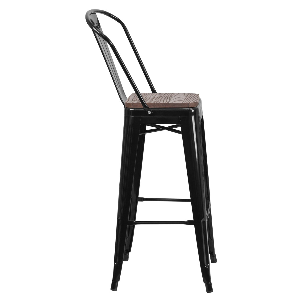 30” High Black Metal Barstool with Back and Wood Seat