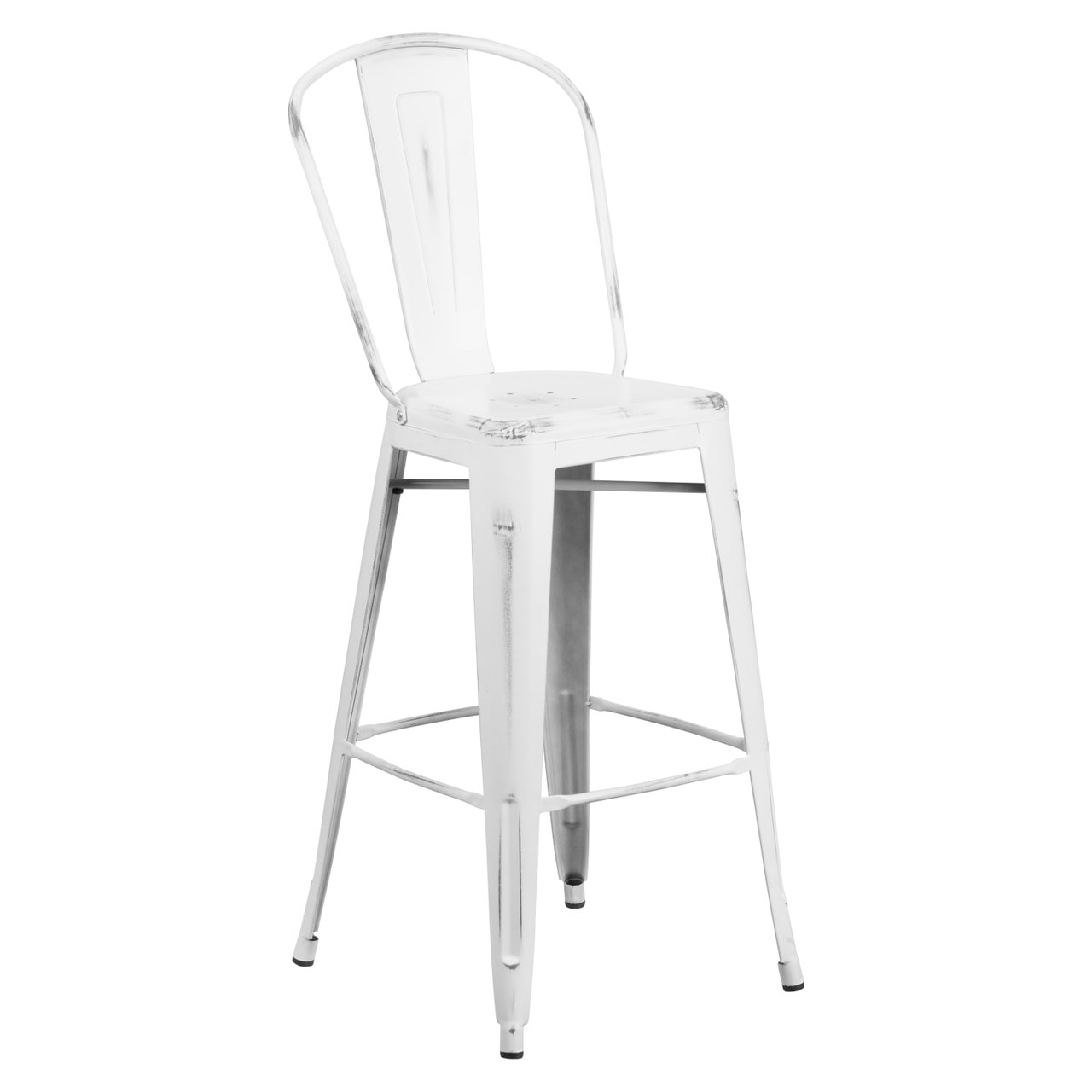 30” High Distressed White Metal Indoor-Outdoor Barstool with Back
