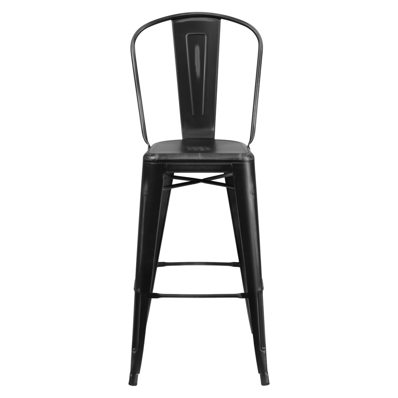 4 Pack 30” High Distressed Black Metal Indoor-Outdoor Barstool with Back