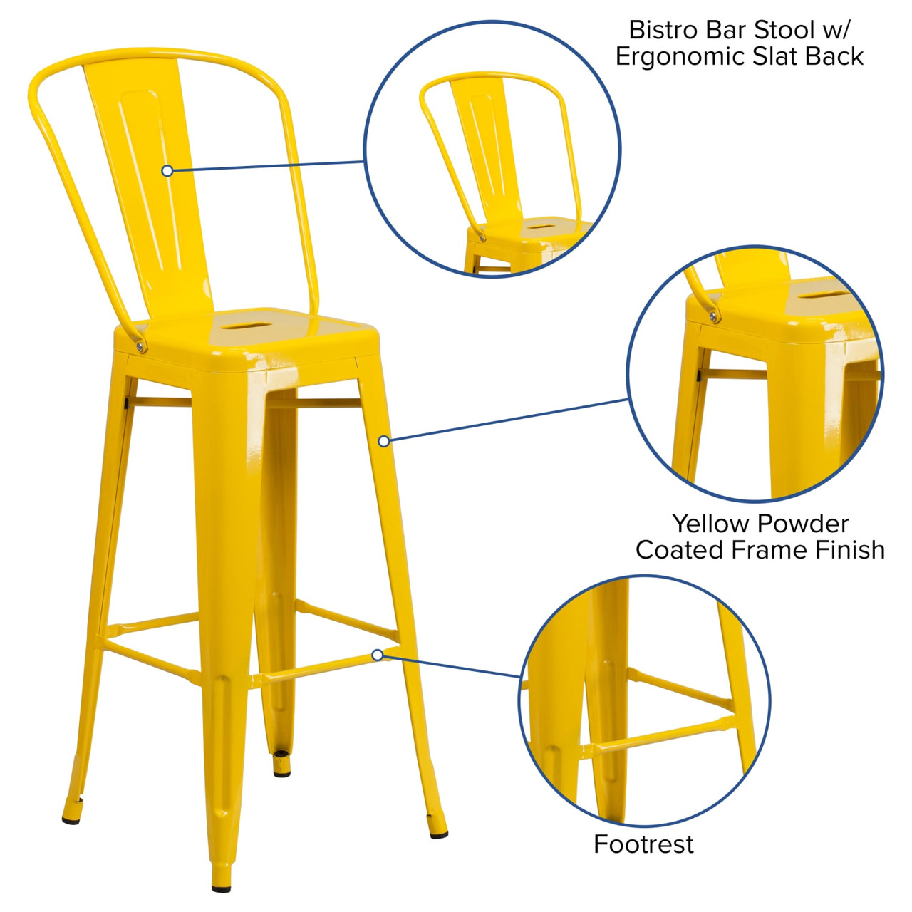 4 Pack 30” High Yellow Metal Indoor-Outdoor Barstool with Removable Back