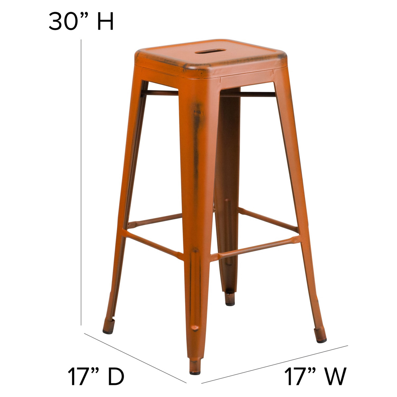 30” High Backless Distressed Orange Metal Indoor-Outdoor Barstool