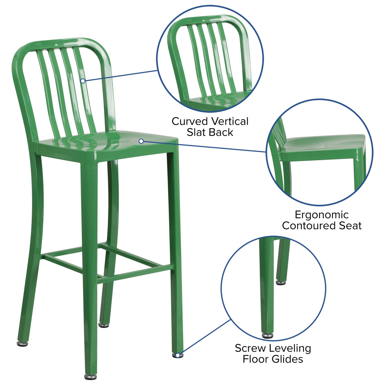 2 Pack 30” High Green Metal Indoor-Outdoor Barstool with Vertical Slat Back