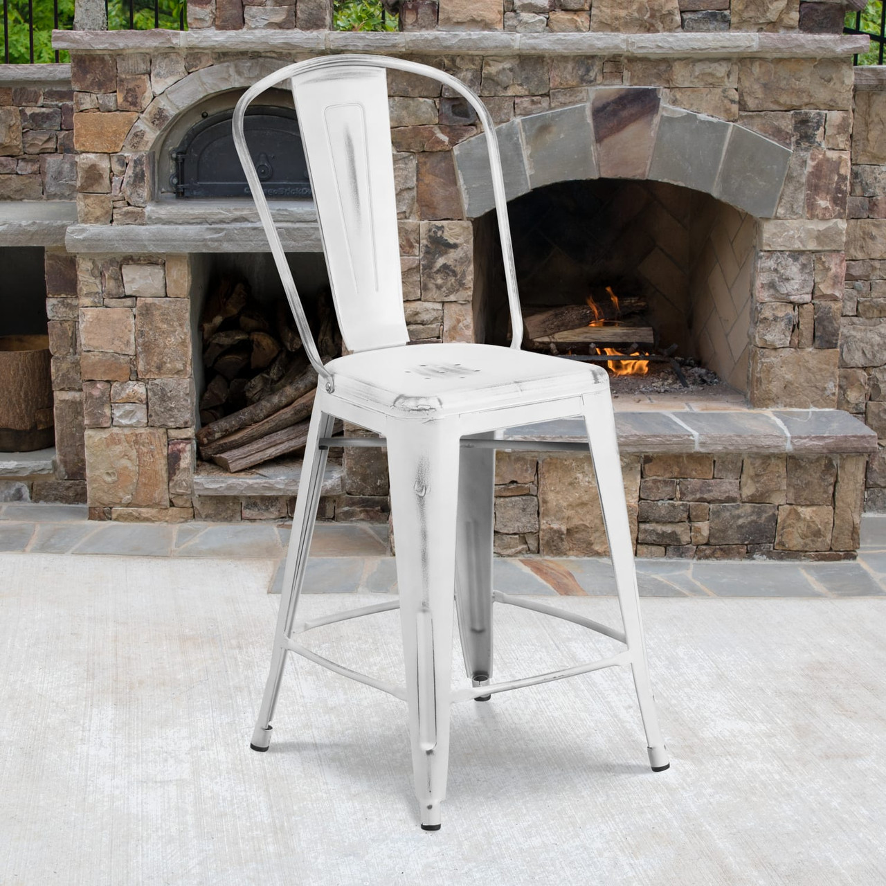 4 Pack 24” High Distressed White Metal Indoor-Outdoor Counter Height Stool with Back