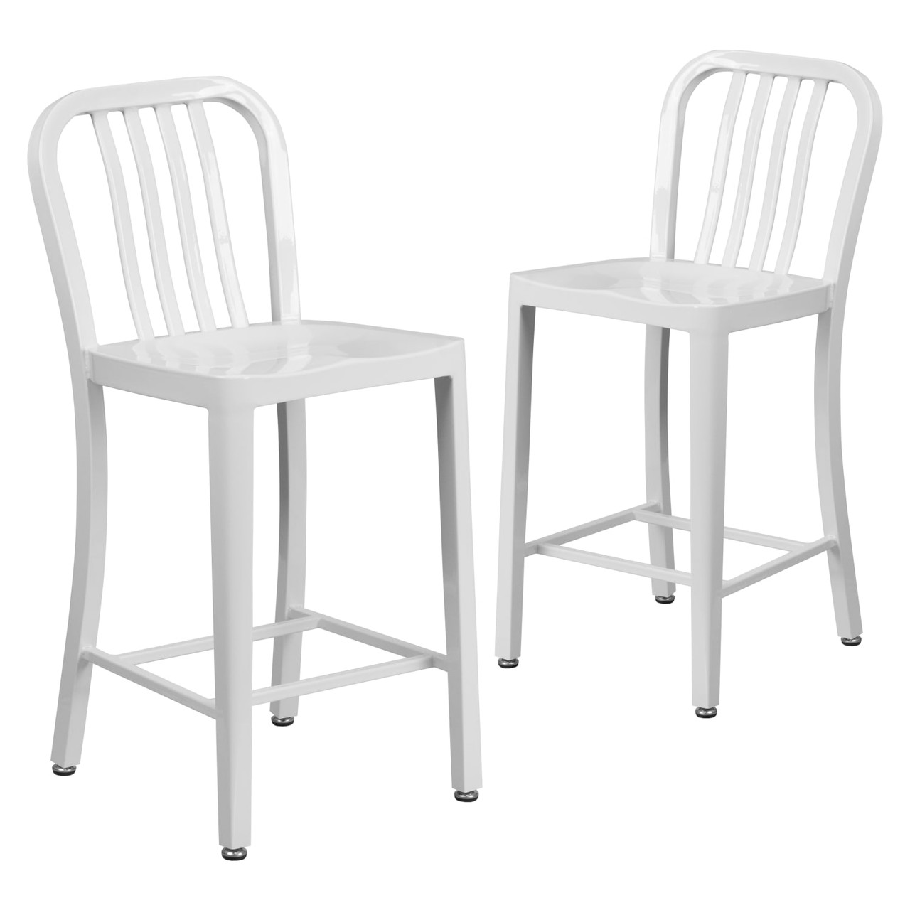 2 Pack 24” High White Metal Indoor-Outdoor Counter Height Stool with Vertical Slat Back