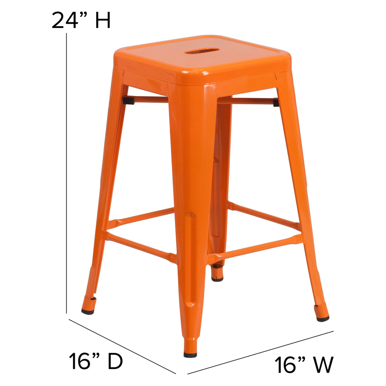 24” High Backless Orange Metal Indoor-Outdoor Counter Height Stool with Square Seat