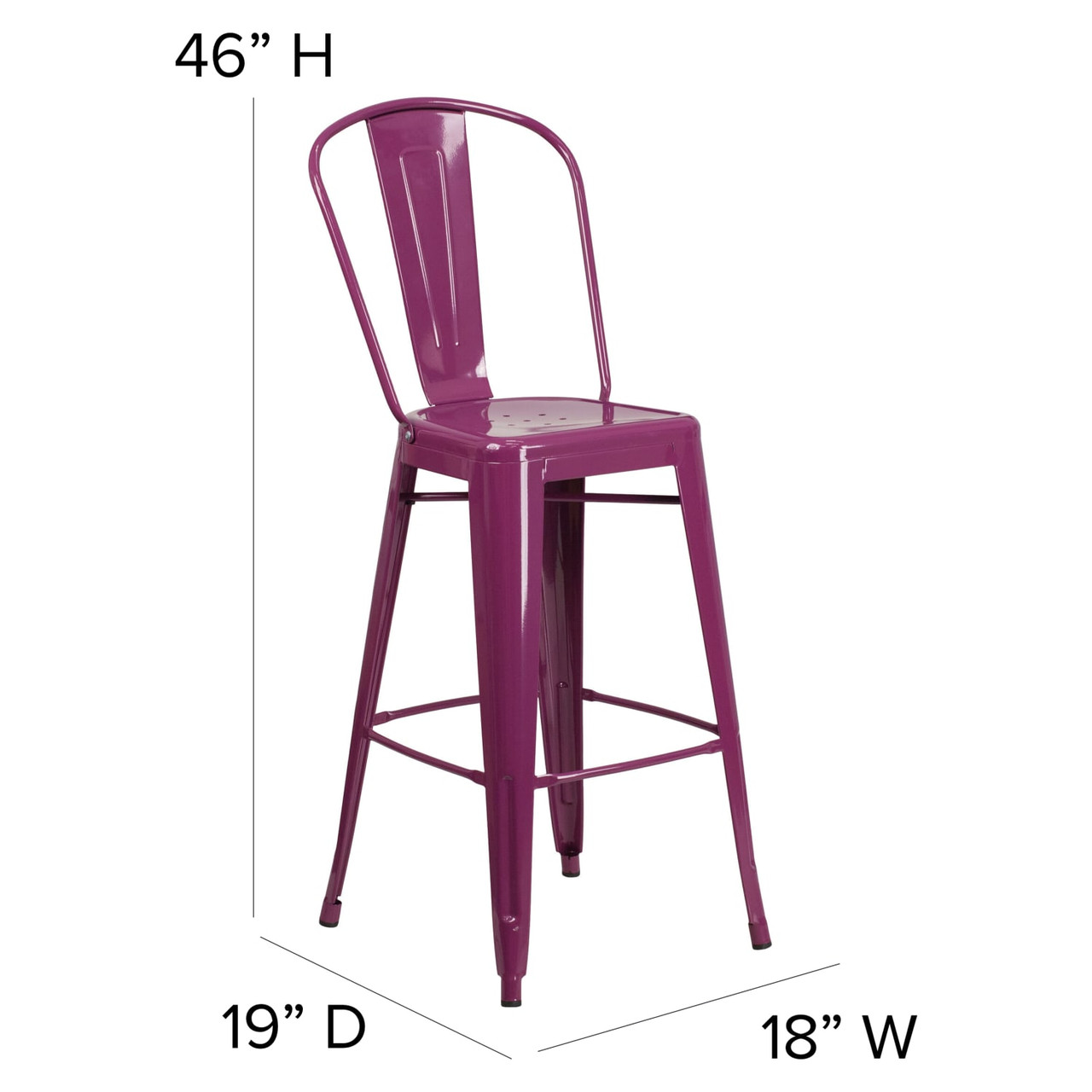 30” High Purple Metal Indoor-Outdoor Barstool with Back