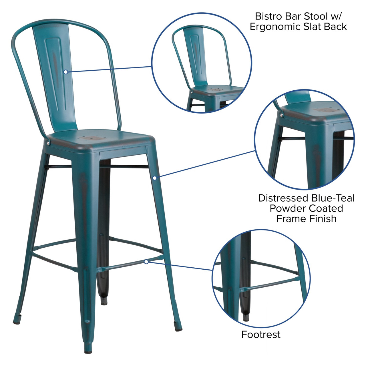 30” High Distressed Kelly Blue-Teal Metal Indoor-Outdoor Barstool with Back