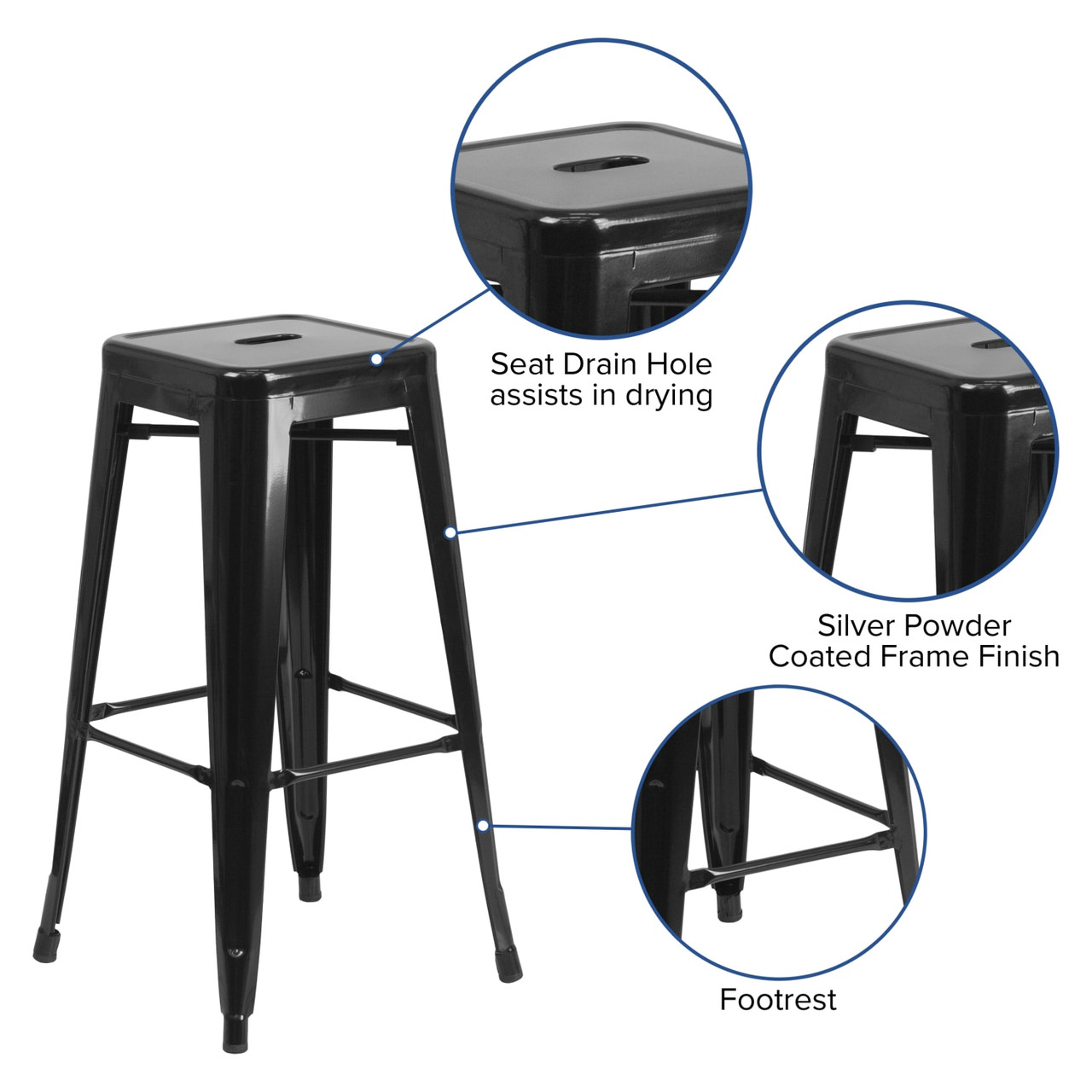 30” High Backless Black Metal Indoor-Outdoor Barstool with Square Seat