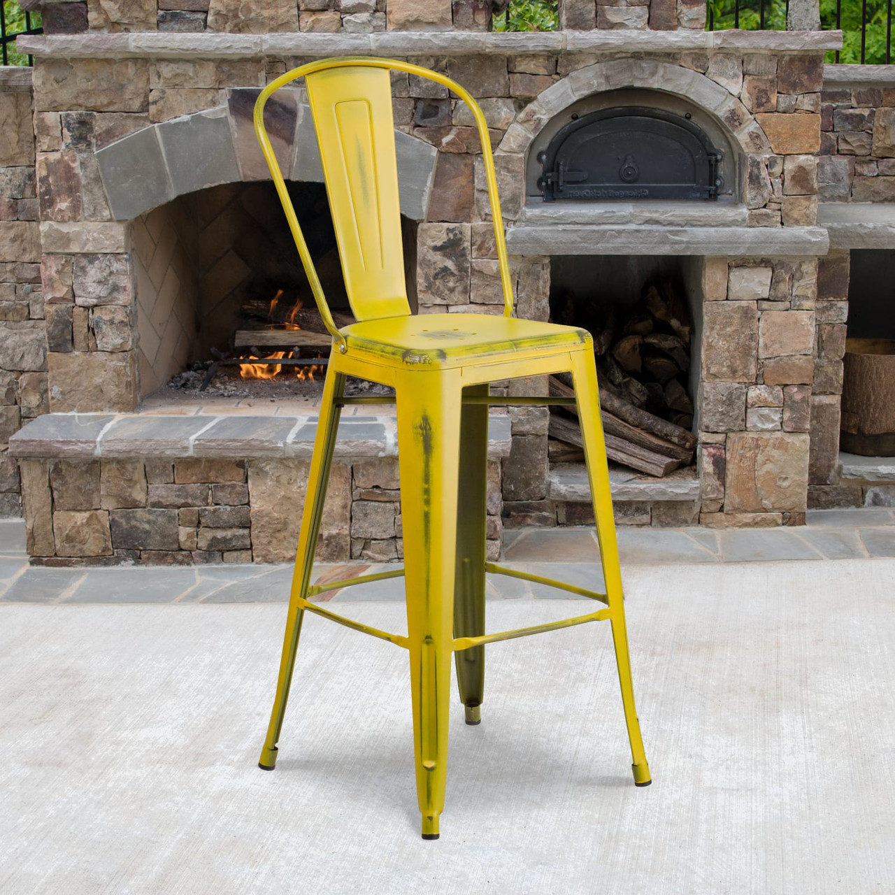 4 Pack 30” High Distressed Yellow Metal Indoor-Outdoor Barstool with Back