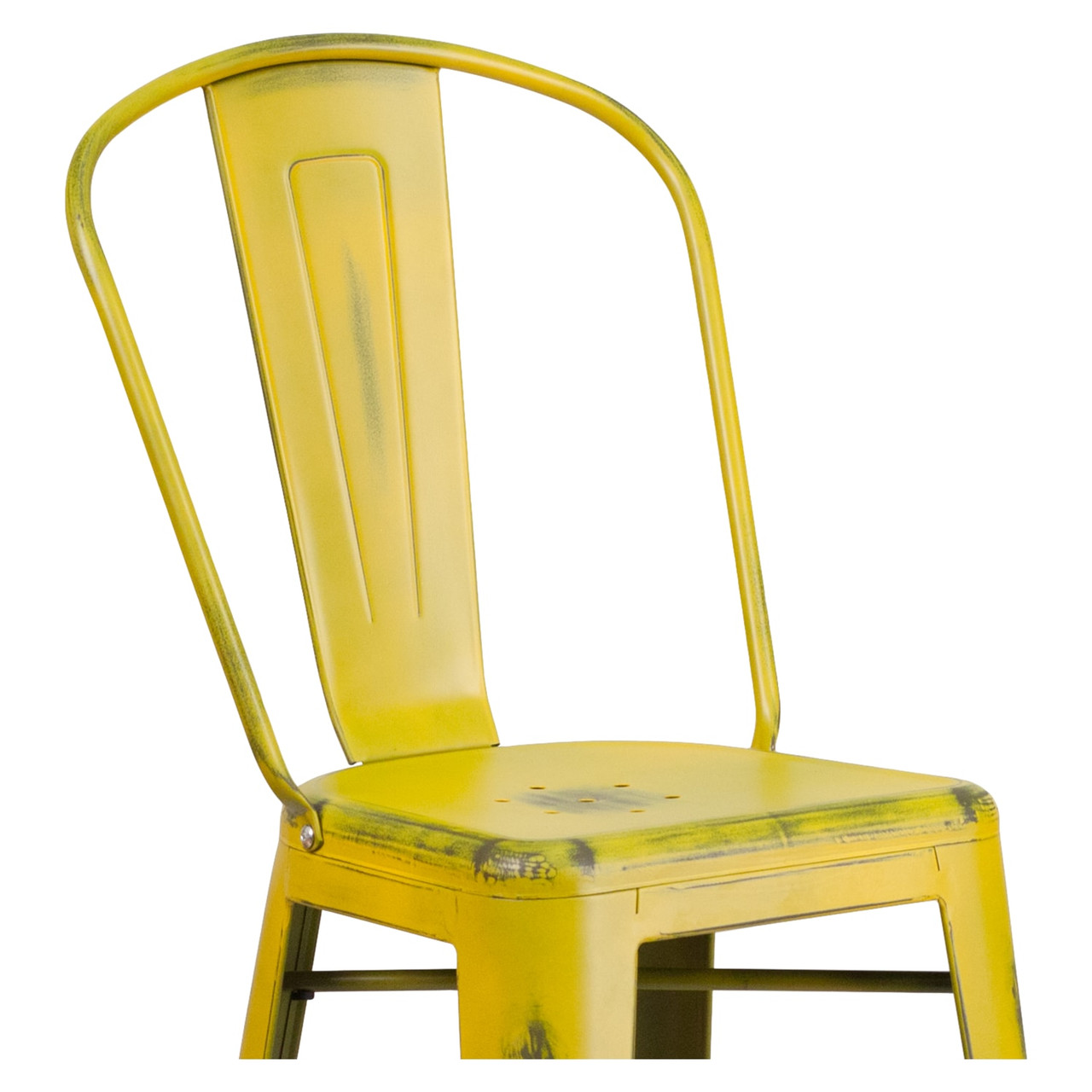 4 Pack 30” High Distressed Yellow Metal Indoor-Outdoor Barstool with Back