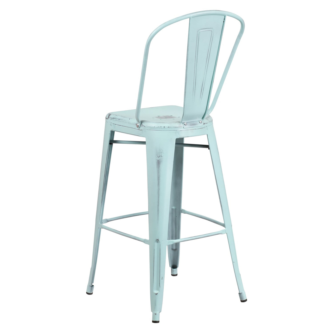 30” High Distressed Green-Blue Metal Indoor-Outdoor Barstool with Back