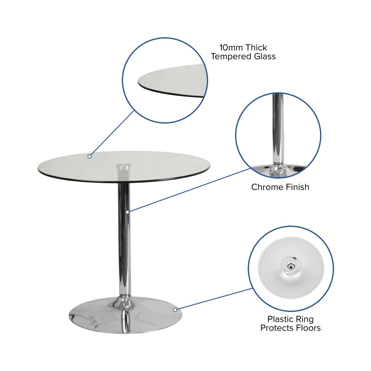 31.5” Round Glass Table with 29”H Chrome Base