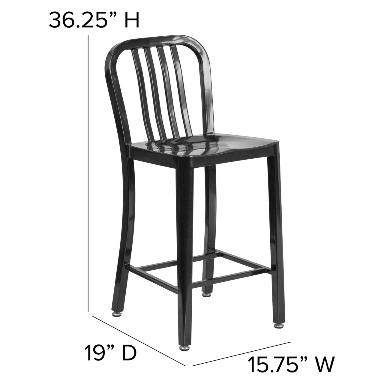 24” High Black Metal Indoor-Outdoor Counter Height Stool with Vertical Slat Back