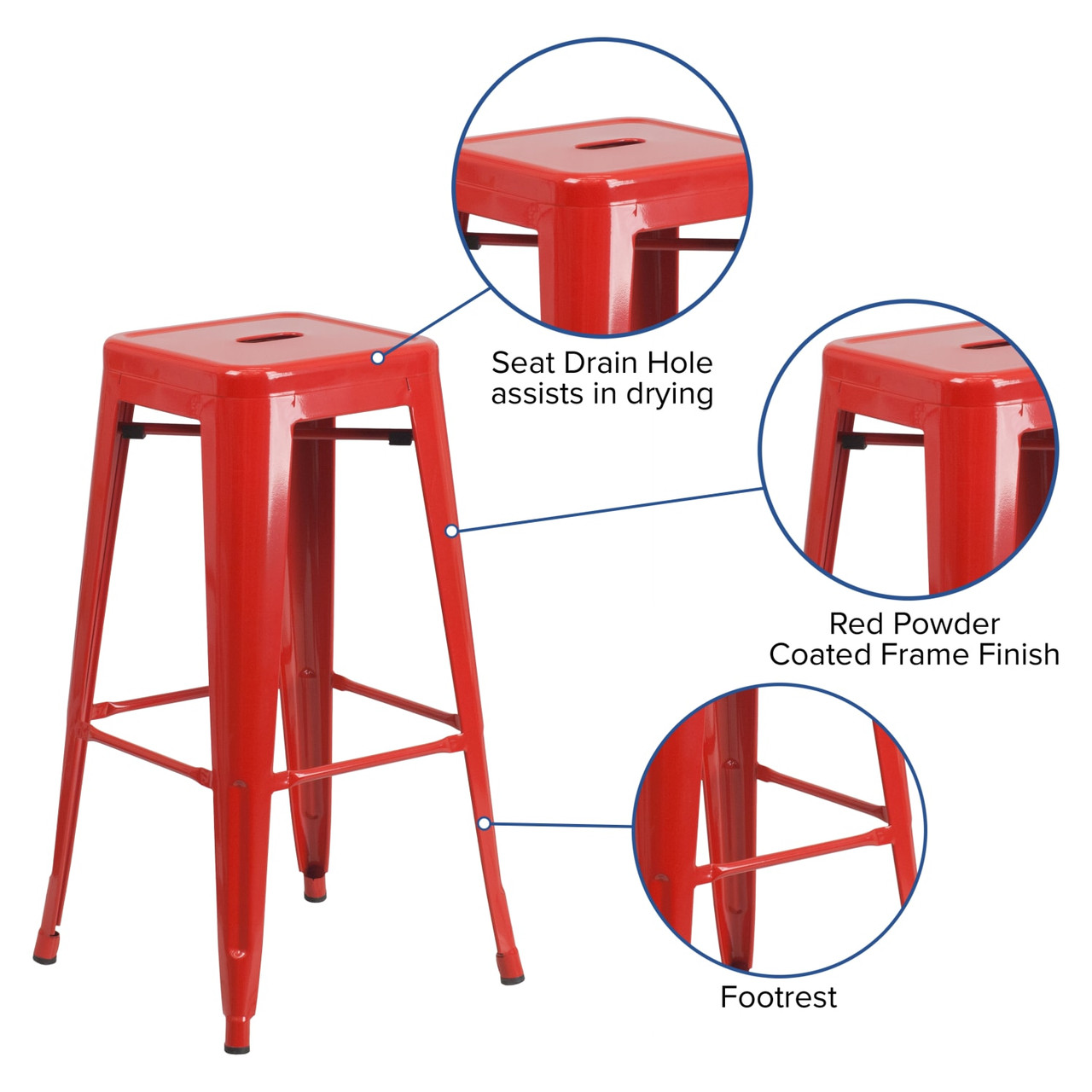 30” High Backless Red Metal Indoor-Outdoor Barstool with Square Seat