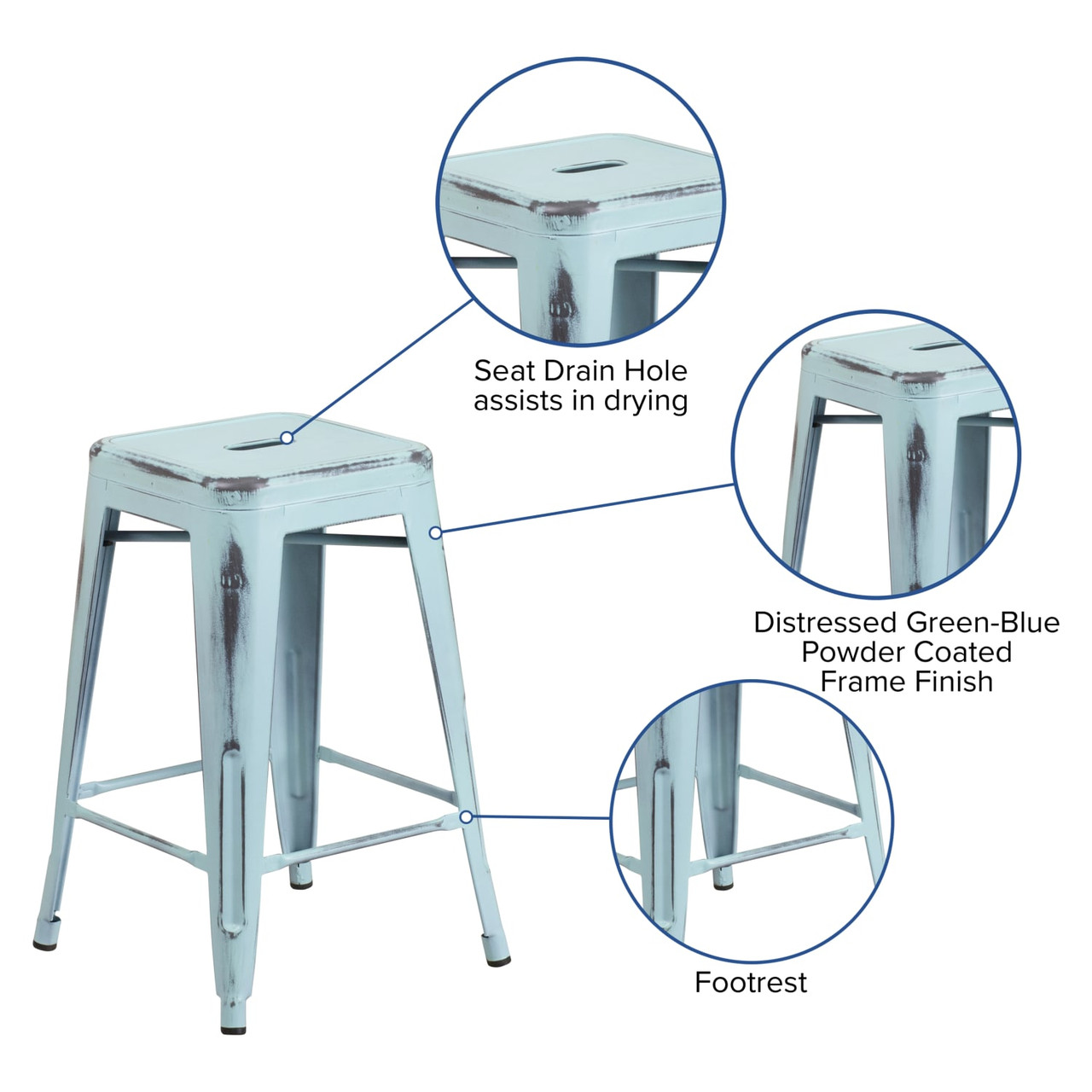 4 Pack 24” High Backless Distressed Green-Blue Metal Indoor-Outdoor Counter Height Stool