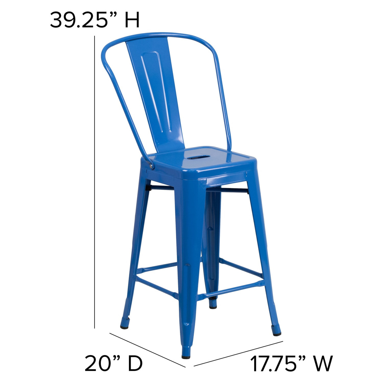 24” High Blue Metal Indoor-Outdoor Counter Height Stool with Removable Back