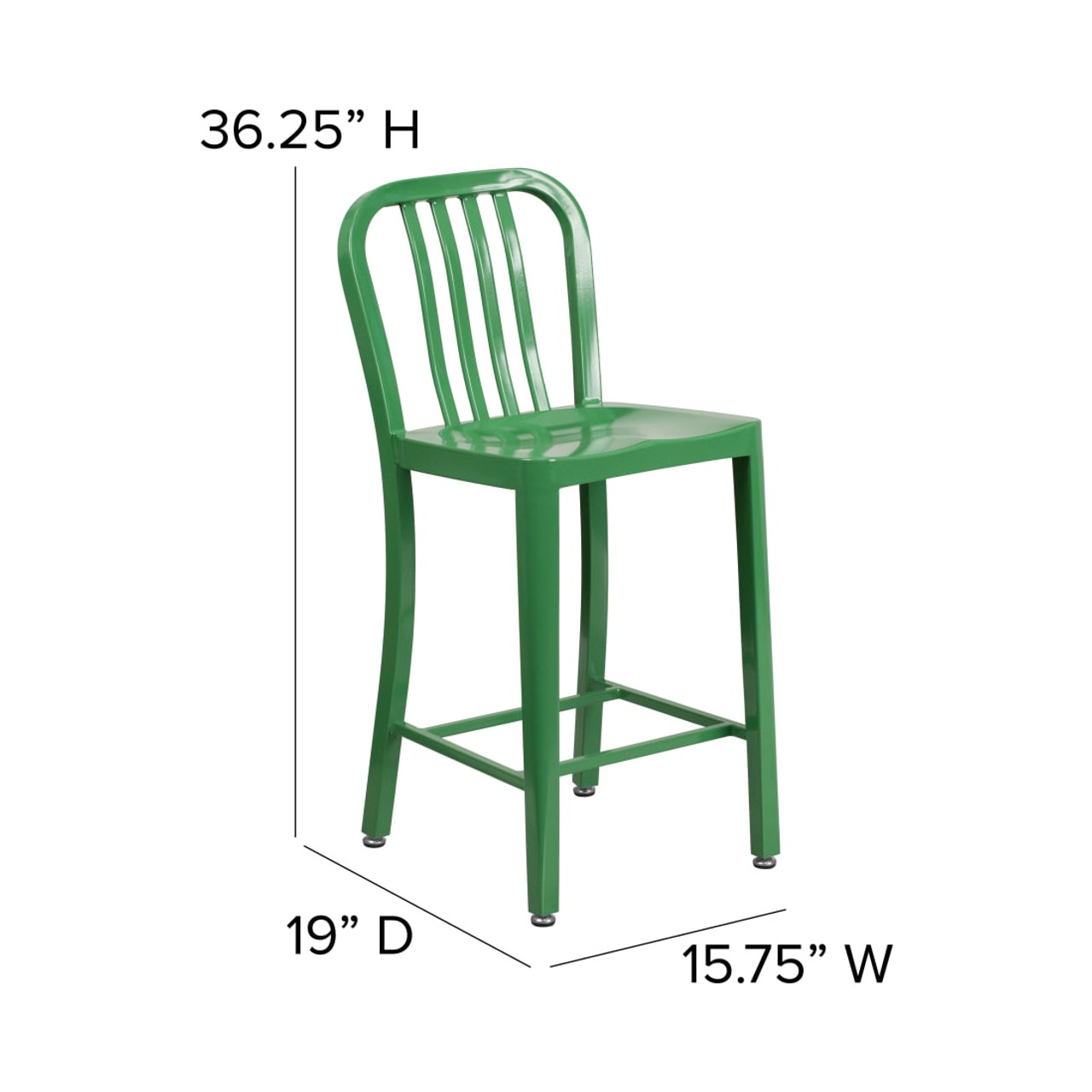 24” High Green Metal Indoor-Outdoor Counter Height Stool with Vertical Slat Back