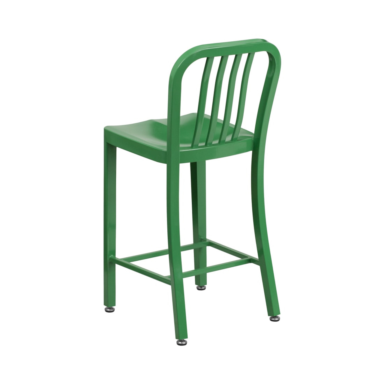 24” High Green Metal Indoor-Outdoor Counter Height Stool with Vertical Slat Back