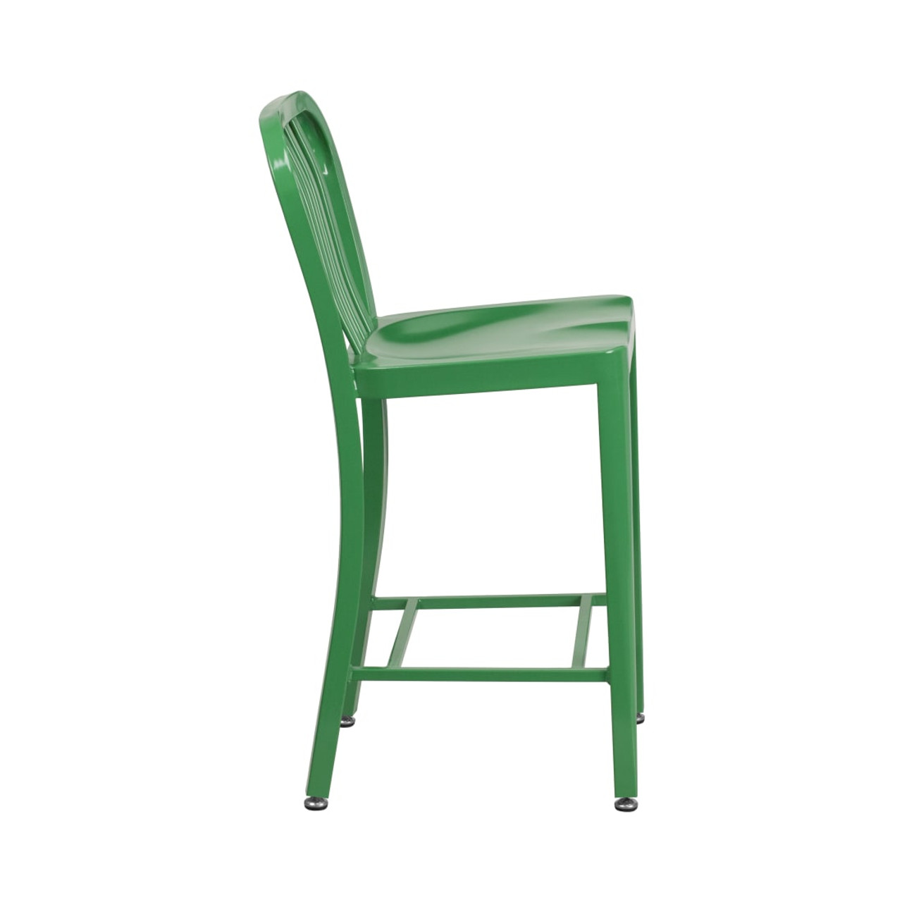 24” High Green Metal Indoor-Outdoor Counter Height Stool with Vertical Slat Back