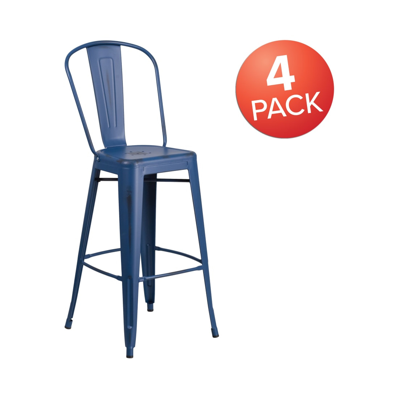 4 Pack 30" High Distressed Antique Blue Metal Indoor-Outdoor Barstool with Back
