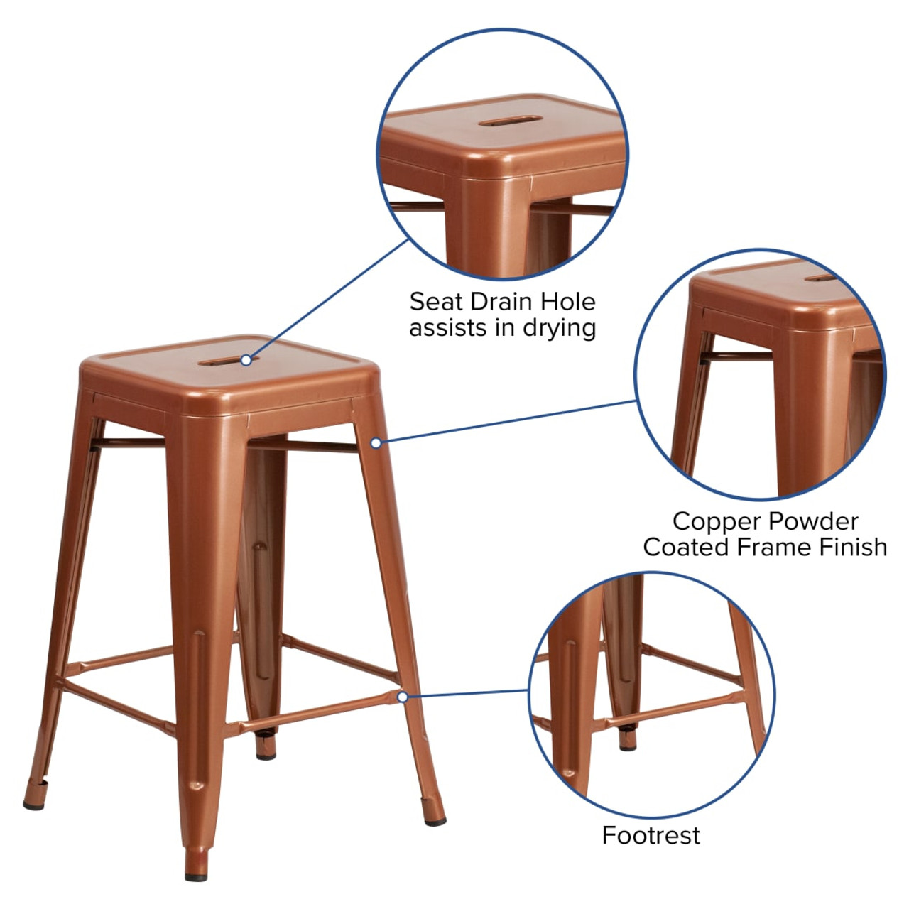 24” High Backless Copper Indoor-Outdoor Counter Height Stool