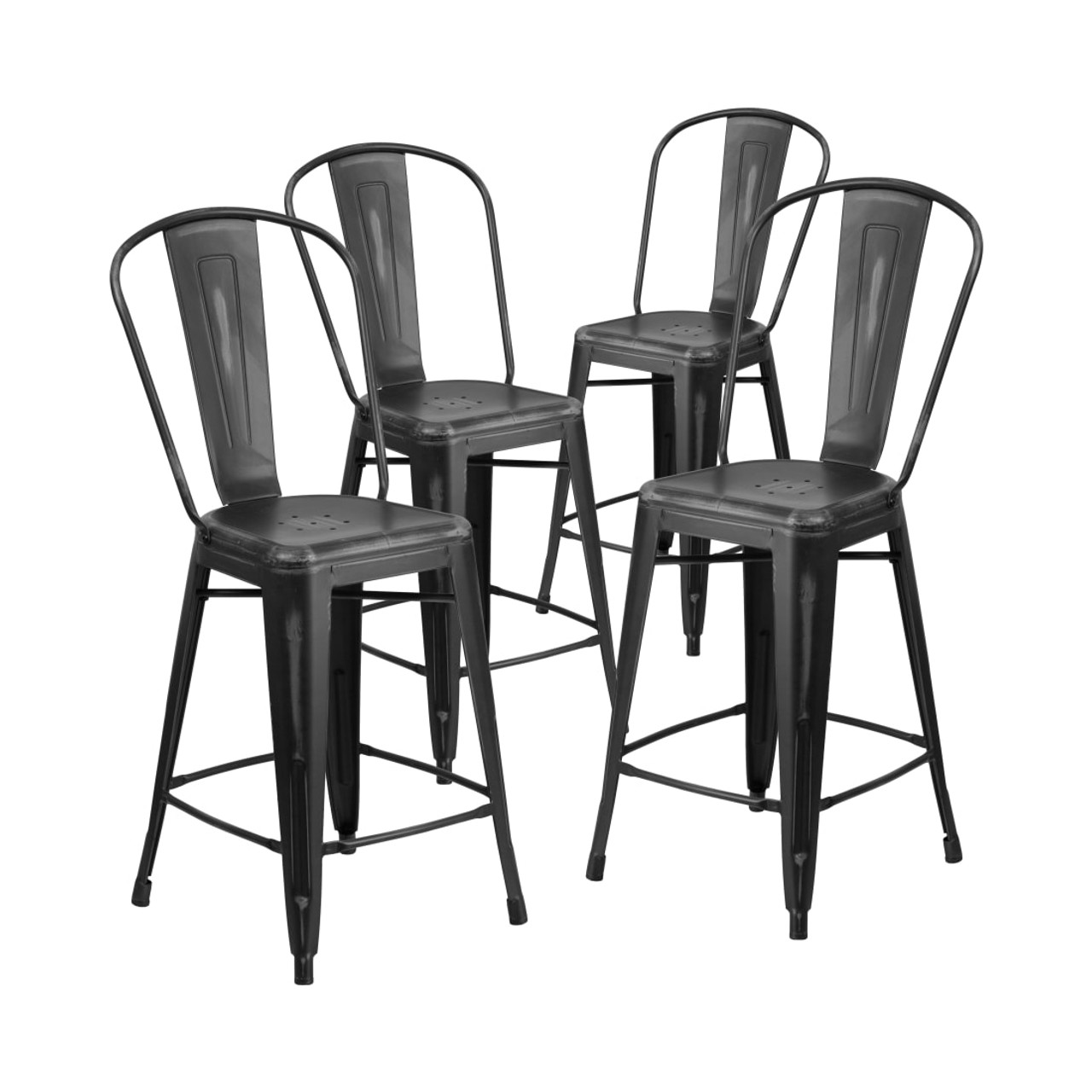 4 Pack 24” High Distressed Black Metal Indoor-Outdoor Counter Height Stool with Back