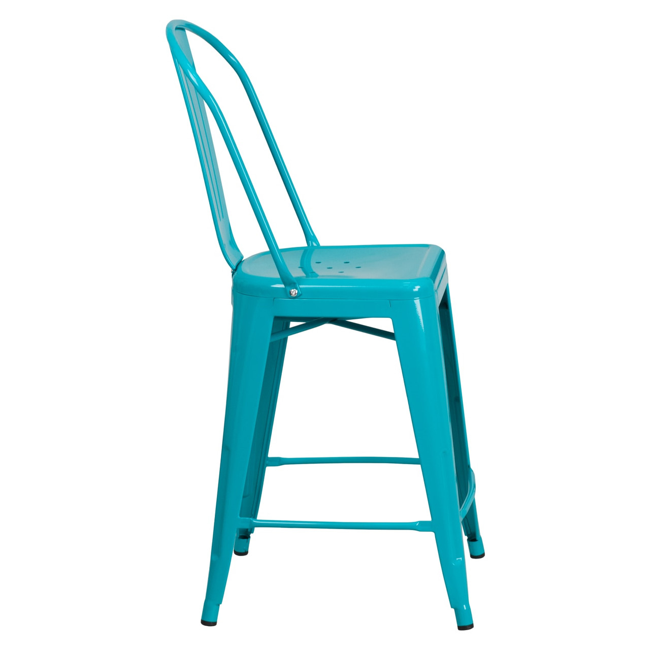 24” High Crystal Teal-Blue Metal Indoor-Outdoor Counter Height Stool with Back