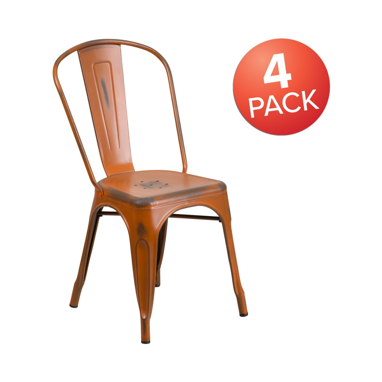 4 Pack Distressed Orange Metal Indoor-Outdoor Stackable Chair