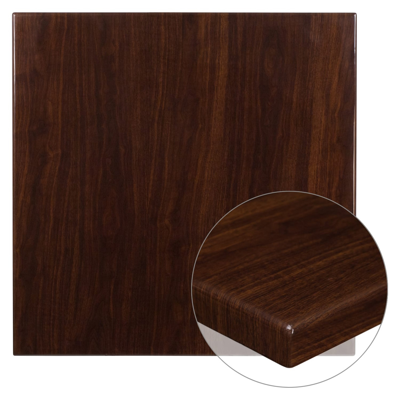 36” Square High-Gloss Walnut Resin Table Top with 2” Thick Drop-Lip