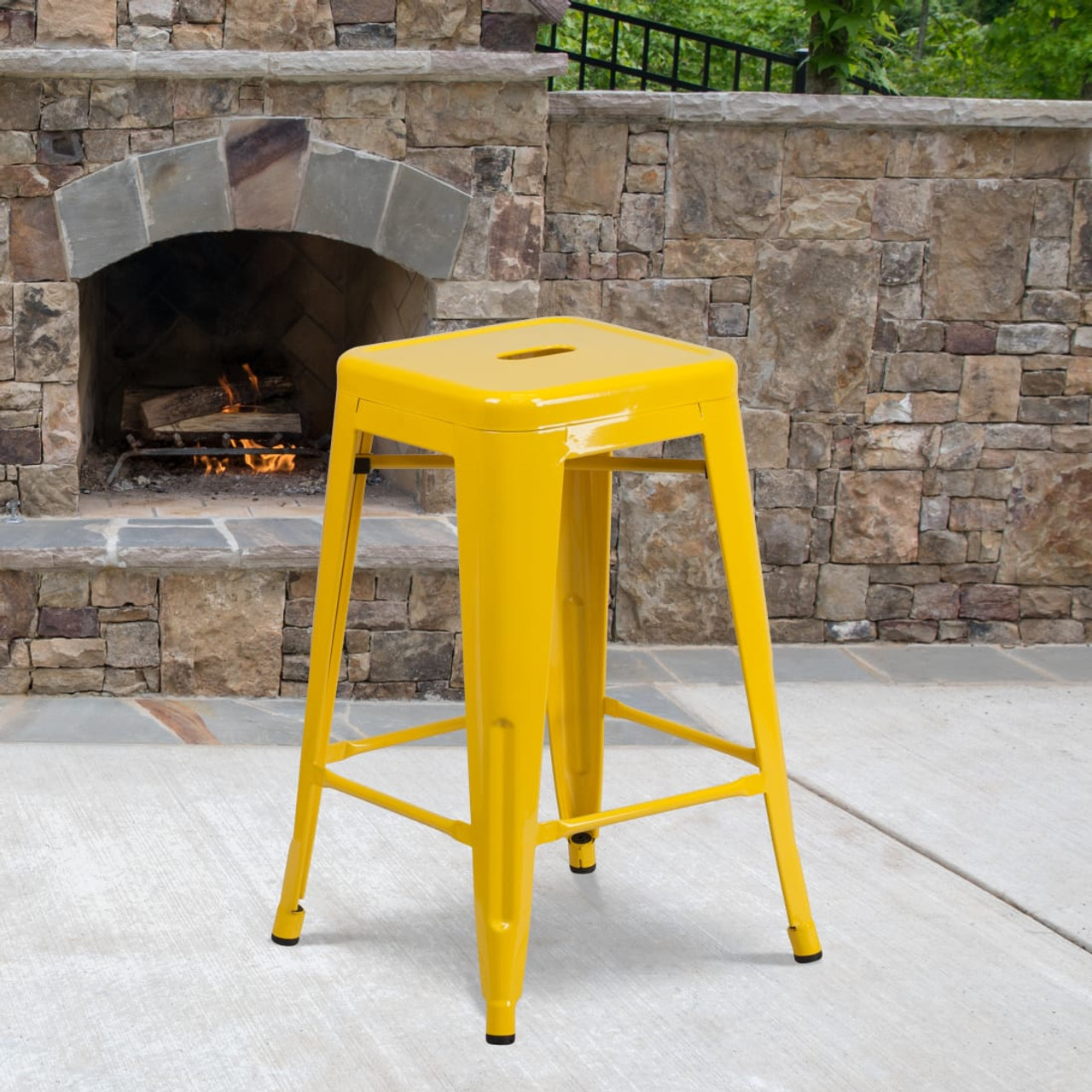 4 Pack 24” High Backless Yellow Metal Indoor-Outdoor Counter Height Stool with Square Seat