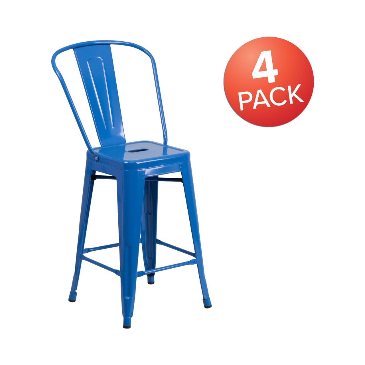 4 Pack 24” High Blue Metal Indoor-Outdoor Counter Height Stool with Removable Back