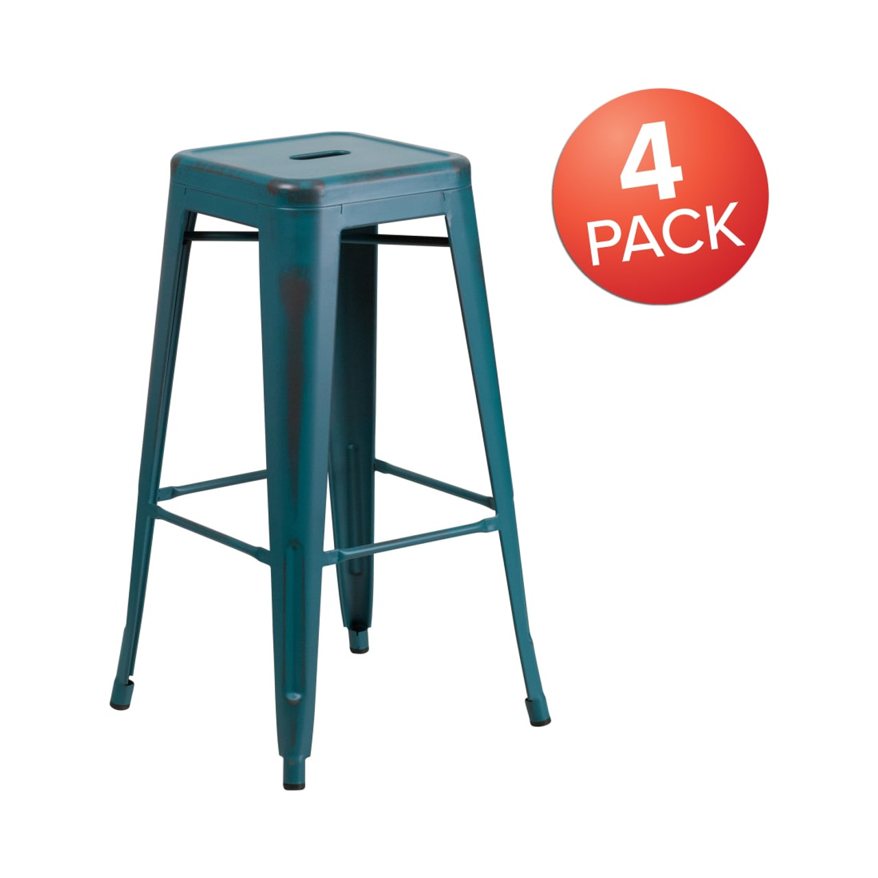 4 Pack 30” High Backless Distressed Kelly Blue-Teal Metal Indoor-Outdoor Barstool