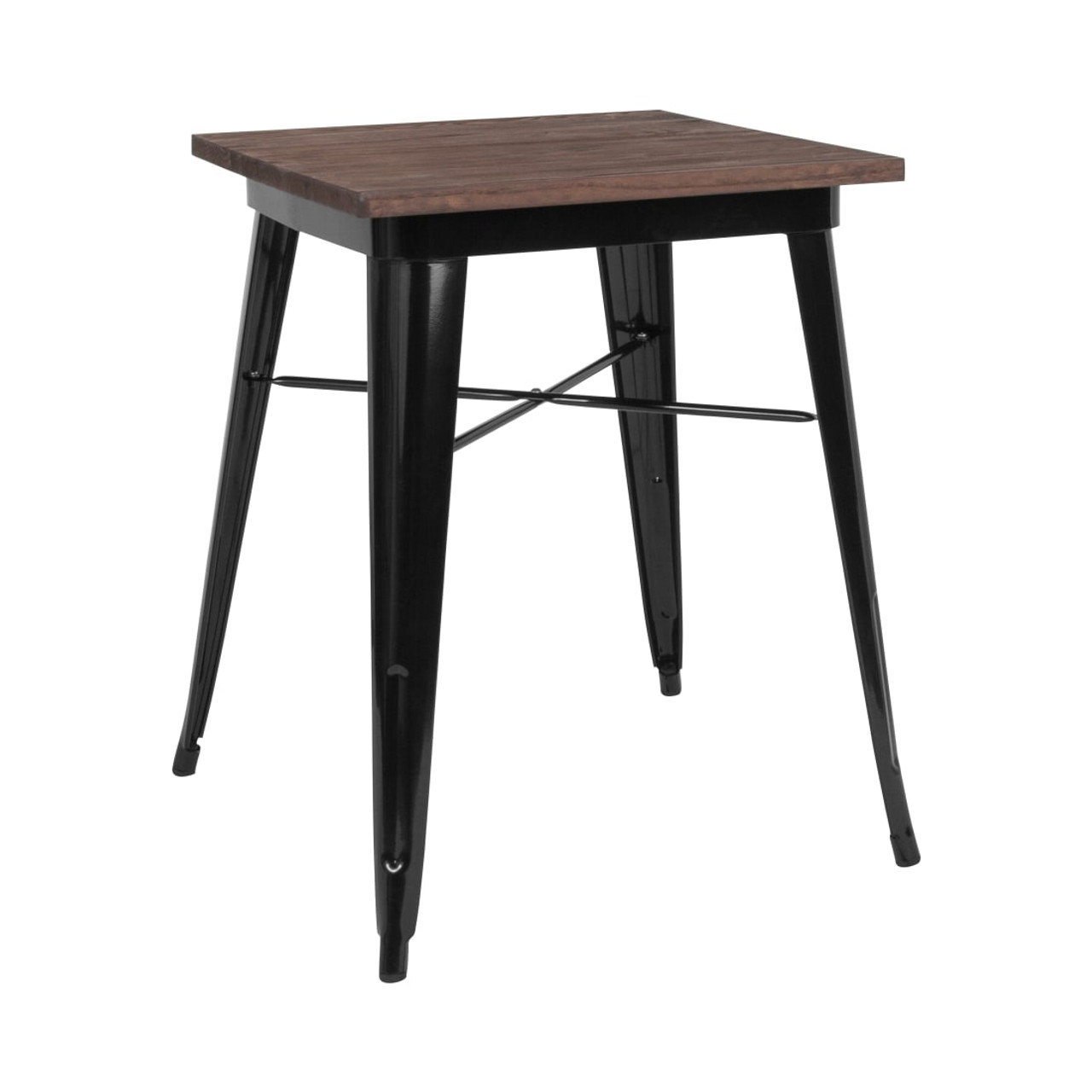 23.5” Square Black Metal Indoor Table with Walnut Rustic Wood Top