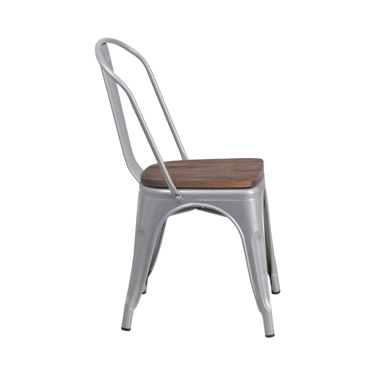 Silver Metal Stackable Chair with Wood Seat