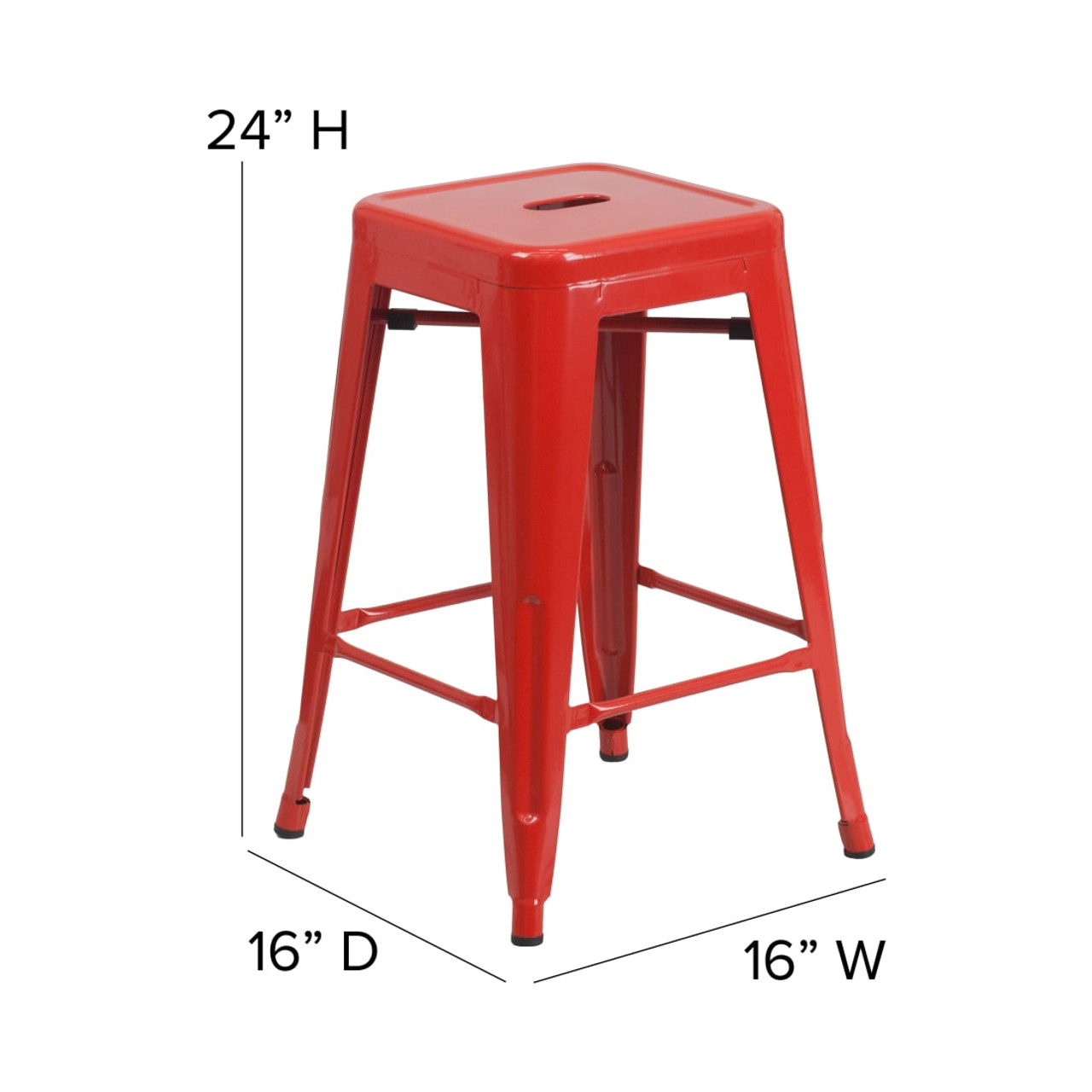 24” High Backless Red Metal Indoor-Outdoor Counter Height Stool with Square Seat