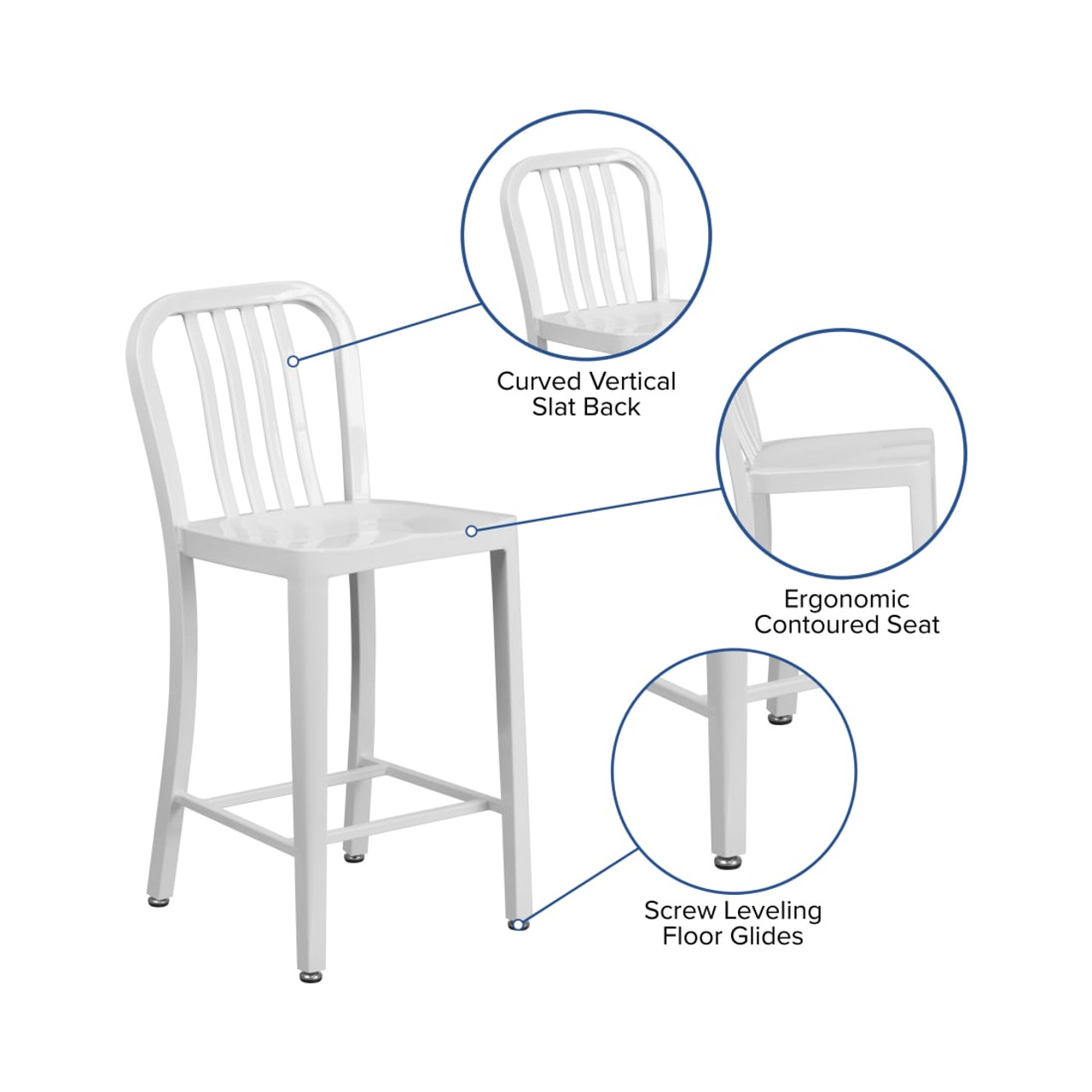 24” High White Metal Indoor-Outdoor Counter Height Stool with Vertical Slat Back