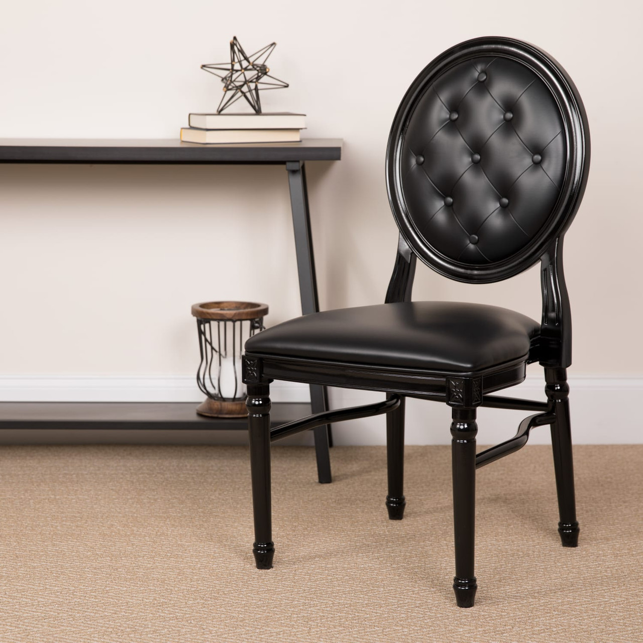 2 Pack HERCULES Capacity King Louis Chair with Tufted Back, Black Vinyl Seat and Black Frame