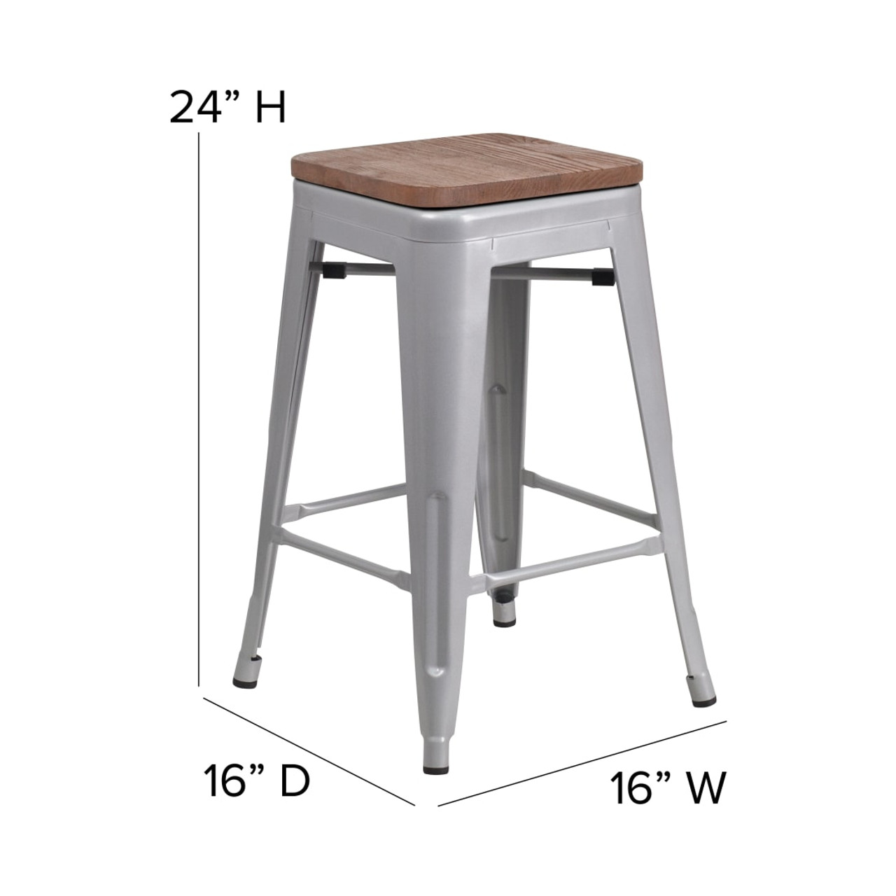 4 Pack 24” High Backless Silver Metal Indoor-Outdoor Counter Height Stool with Square Seat