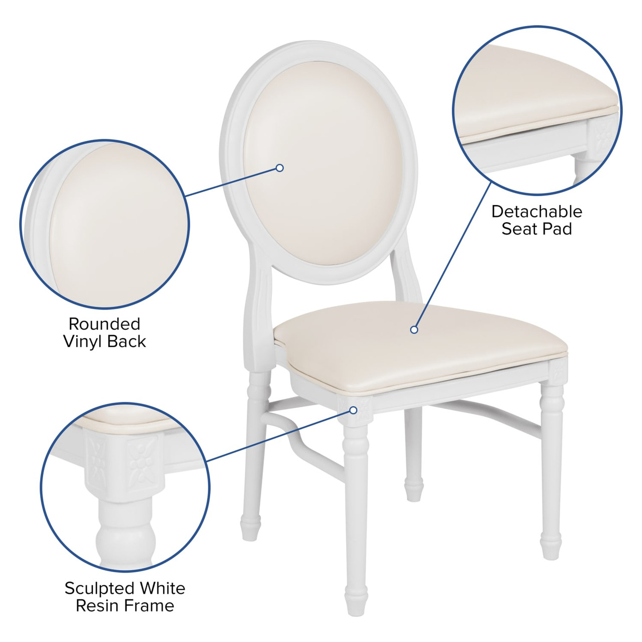 HERCULES Capacity King Louis Chair with White Vinyl Back and Seat and White Frame