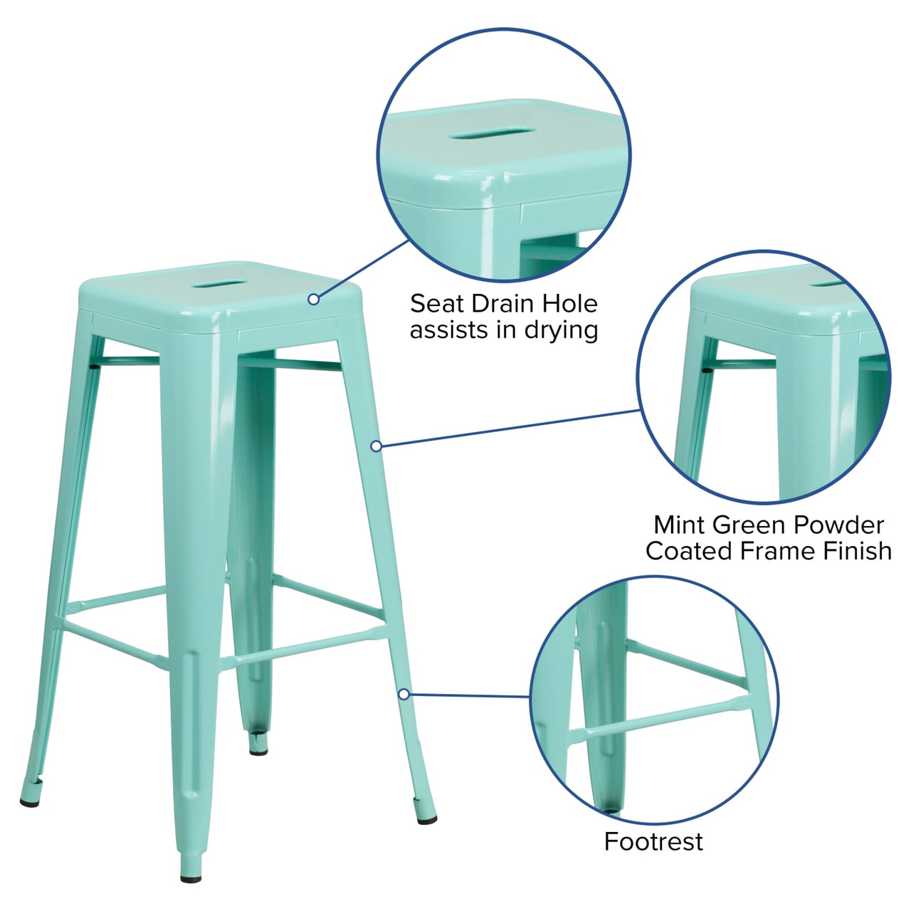 30” High Backless Mint Green Indoor-Outdoor Barstool