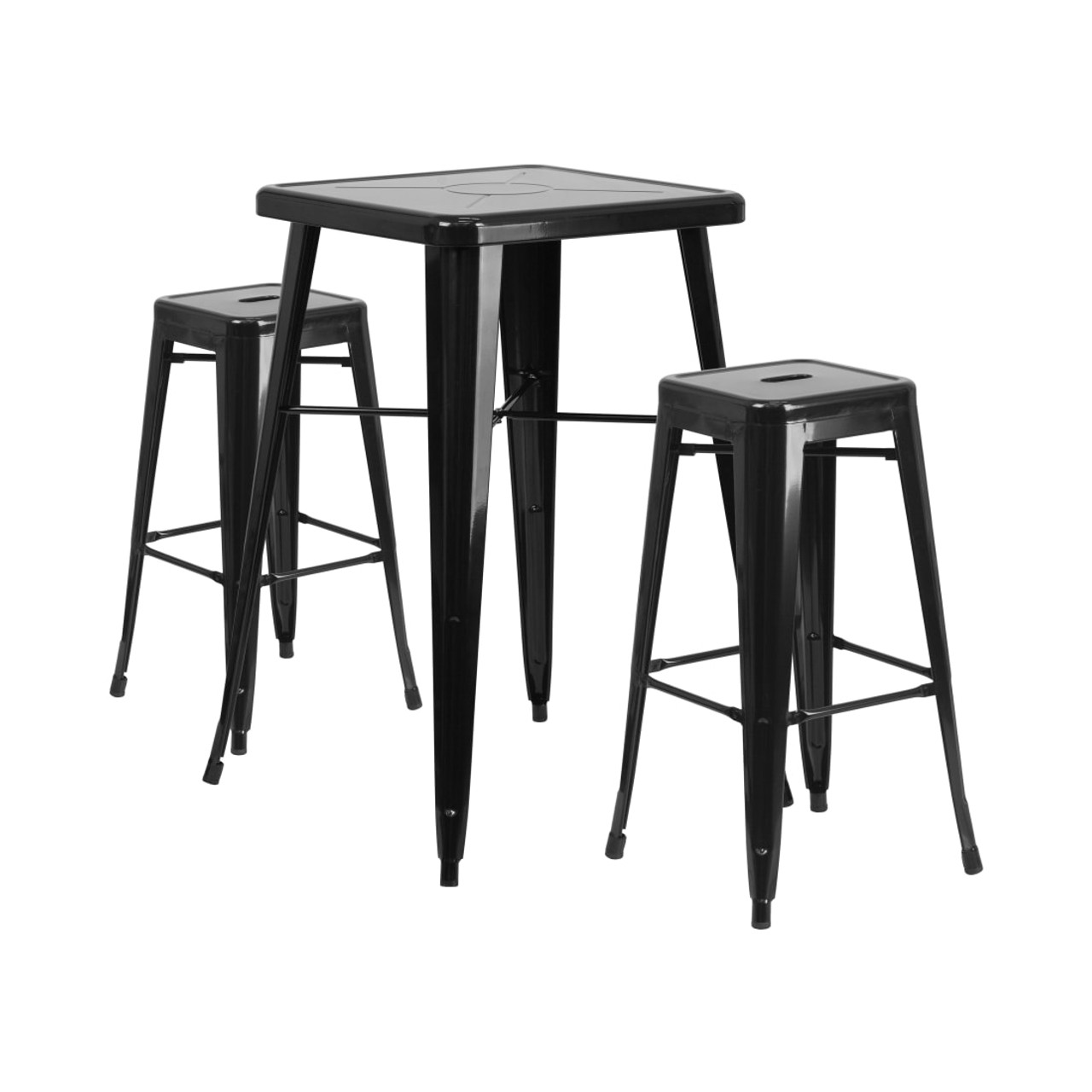 23.75” Square Black Metal Indoor-Outdoor Bar Table Set with 2 Square Seat Backless Stools