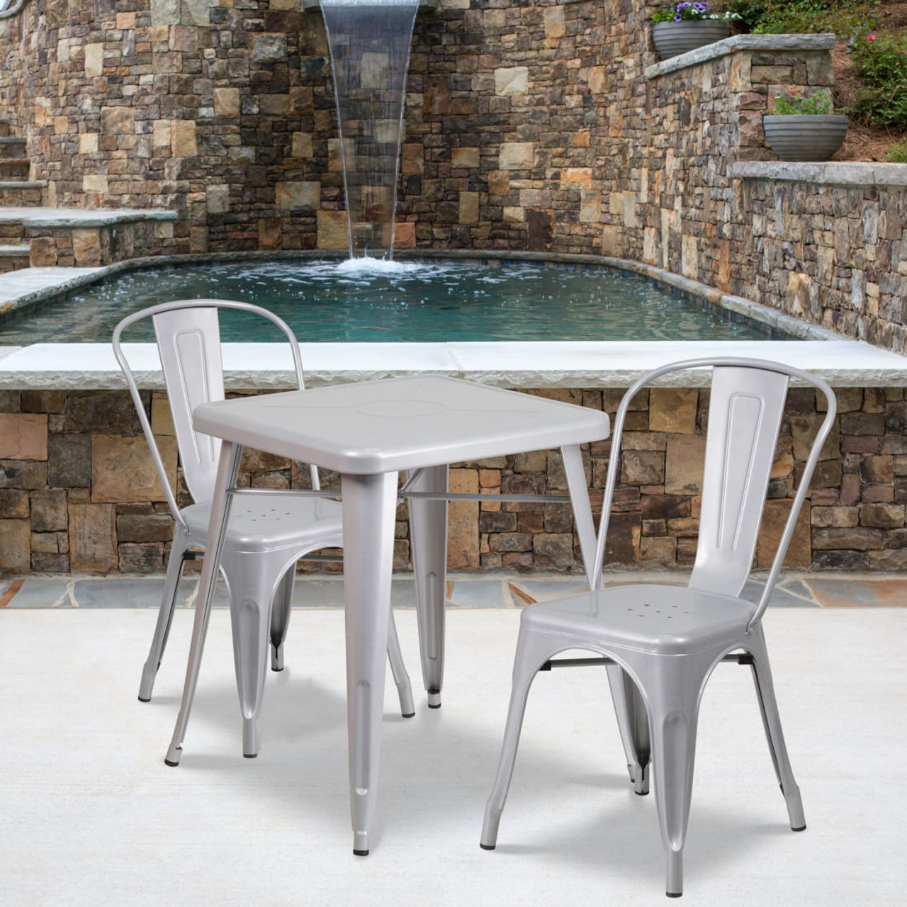 23.75” Square Silver Metal Indoor-Outdoor Table Set with 2 Stack Chairs