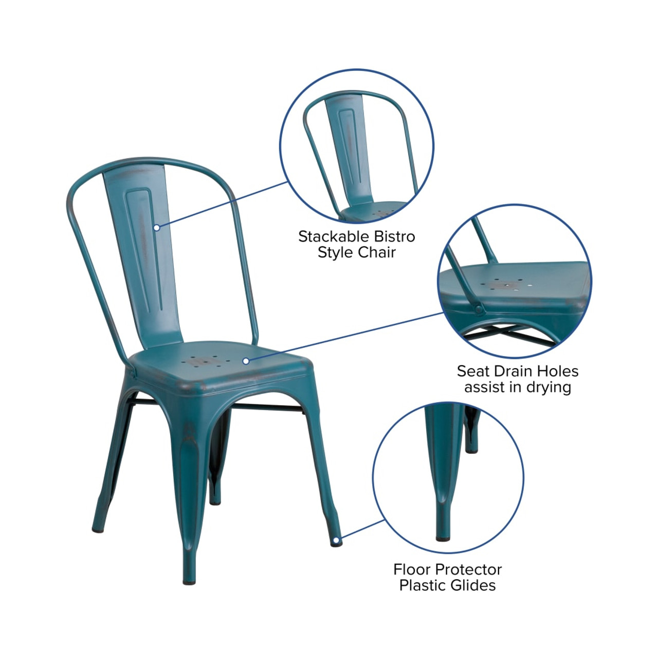 4 Pack Distressed Kelly Blue-Teal Metal Indoor-Outdoor Stackable Chair