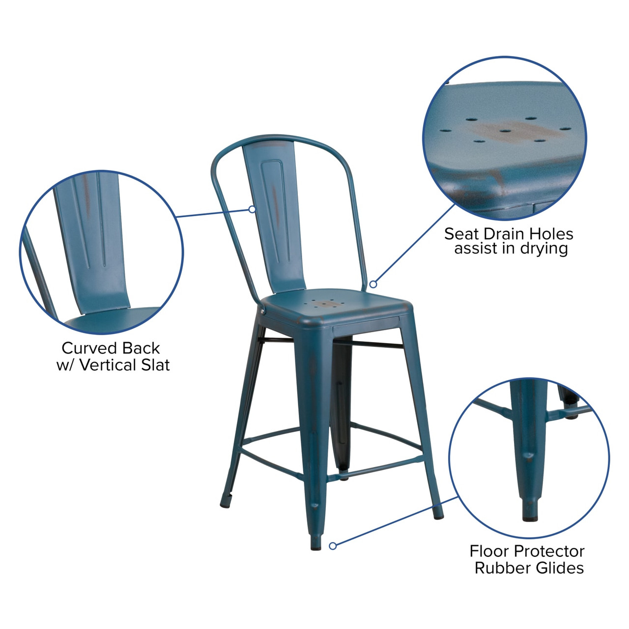 24” High Distressed Antique Blue Metal Indoor-Outdoor Counter Height Stool with Back