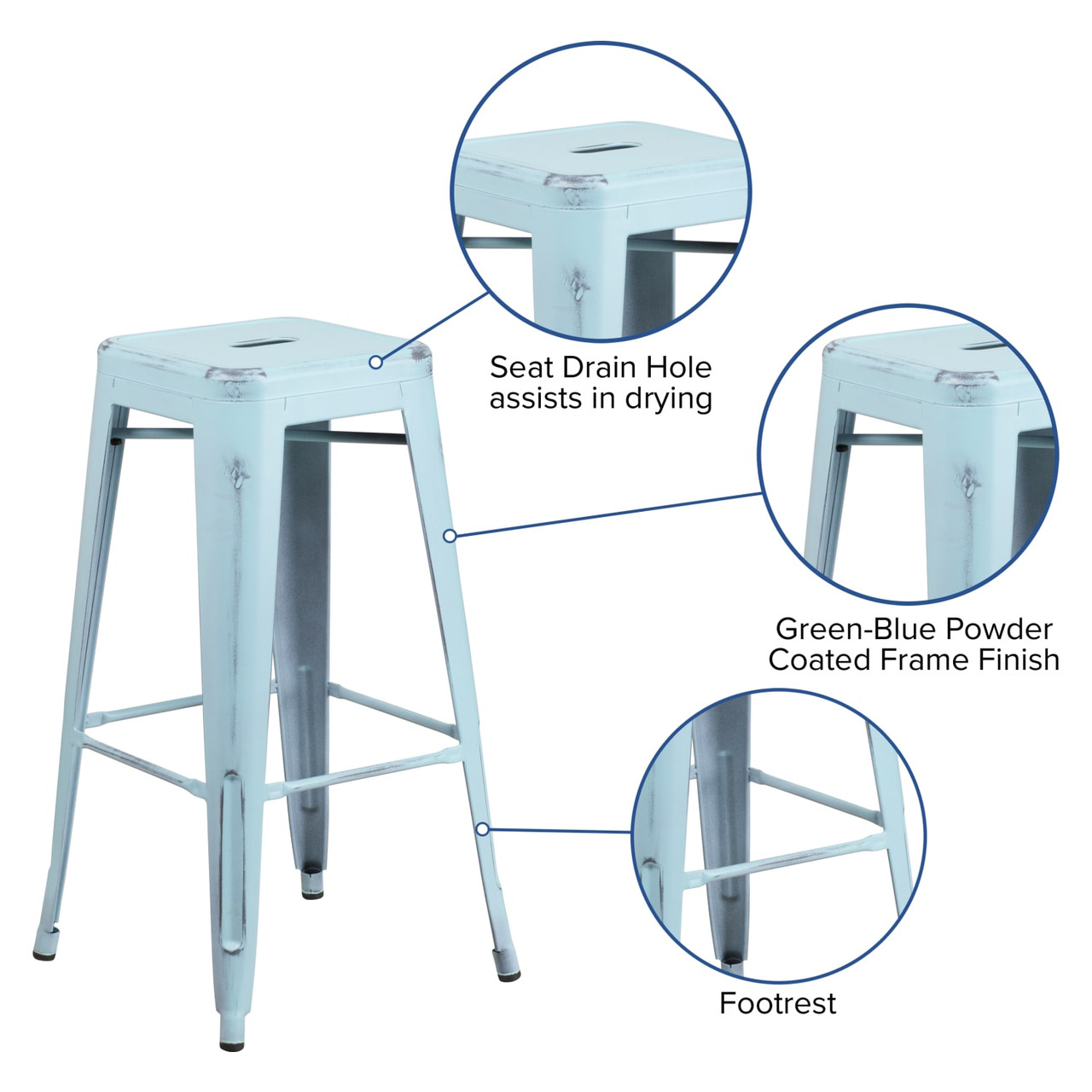 4 Pack 30” High Backless Distressed Green-Blue Metal Indoor-Outdoor Barstool