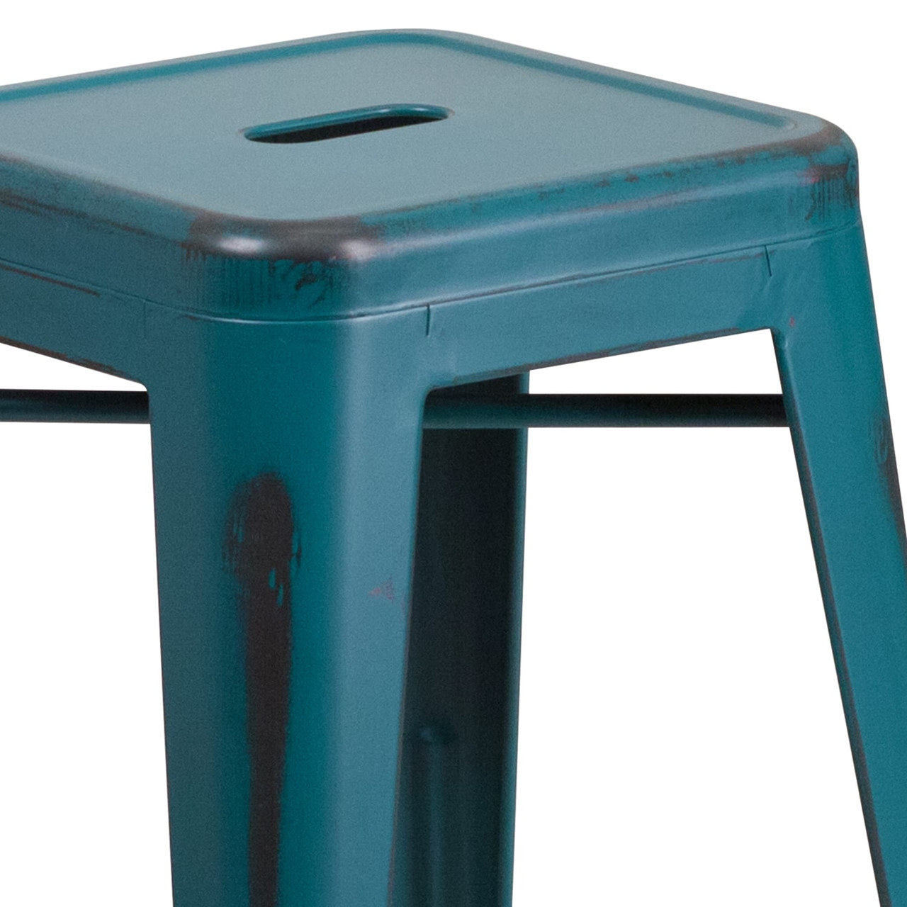 24” High Backless Distressed Kelly Blue-Teal Metal Indoor-Outdoor Counter Height Stool