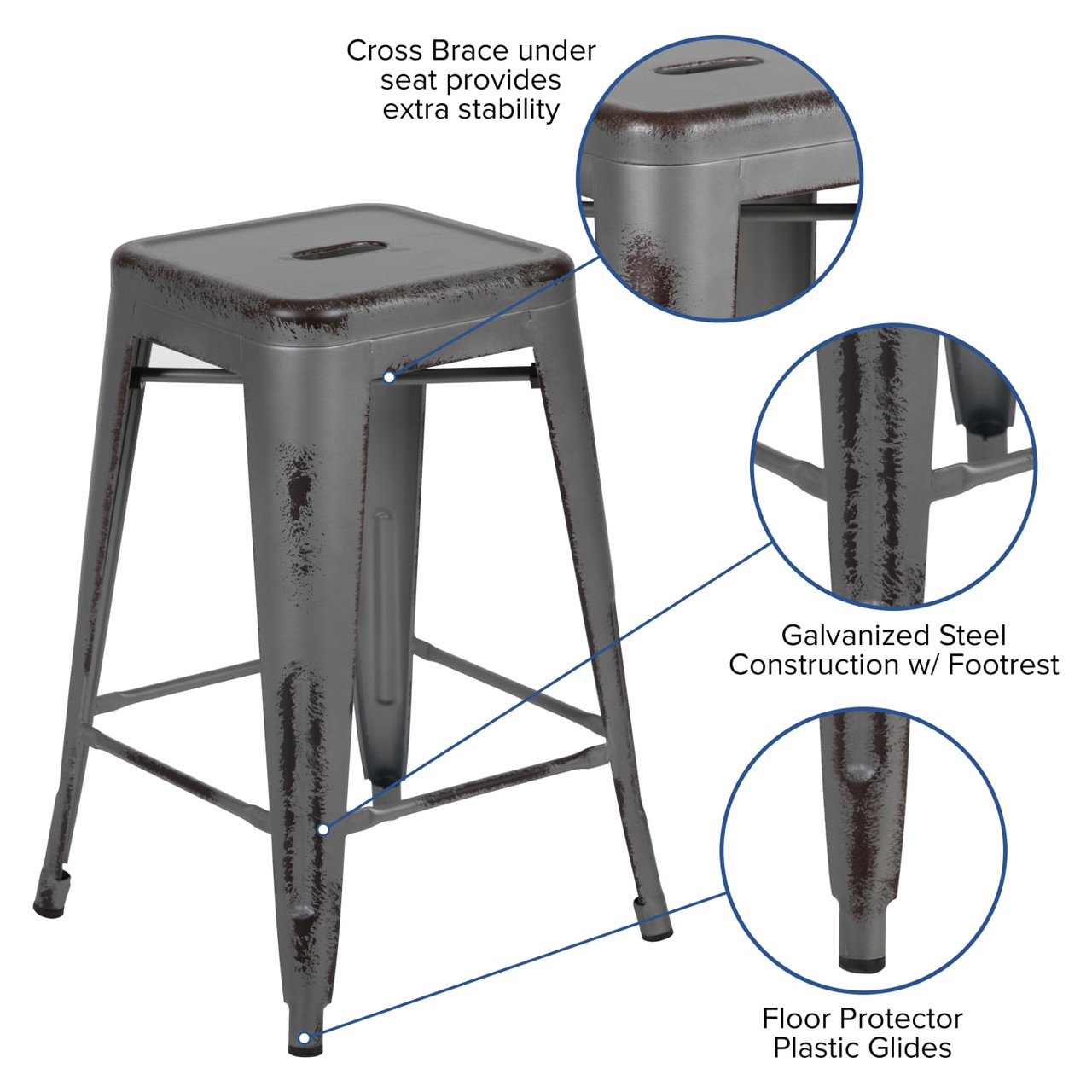 24” High Backless Distressed Silver Gray Metal Indoor-Outdoor Counter Height Stool