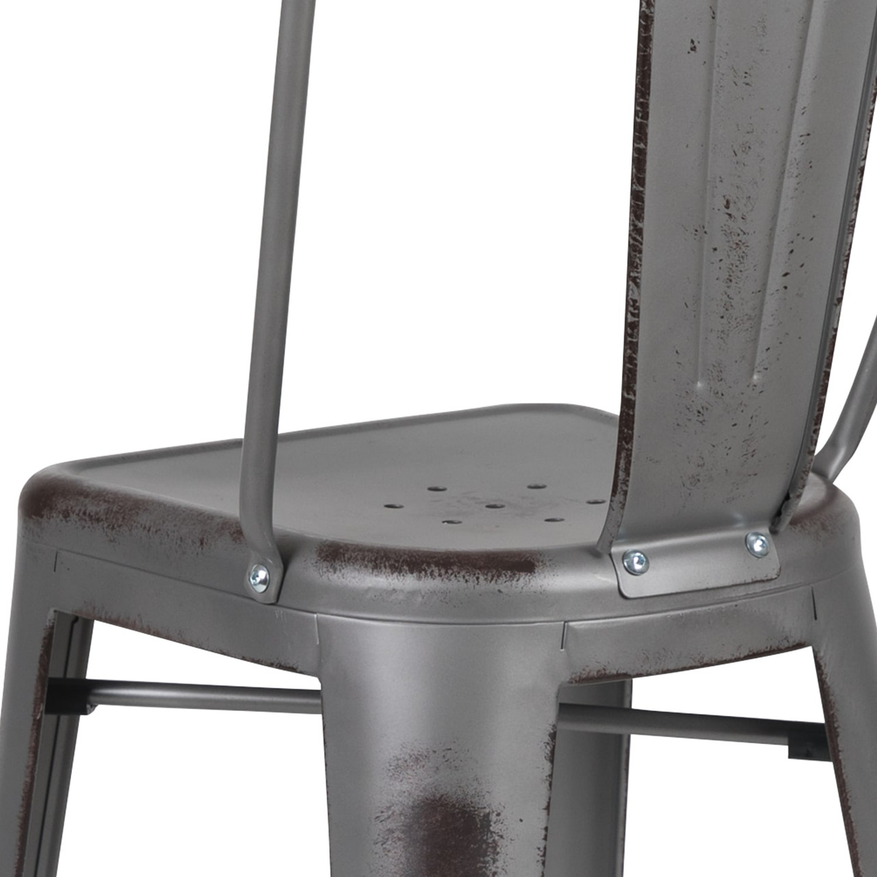 30” High Distressed Silver Gray Metal Indoor-Outdoor Barstool with Back