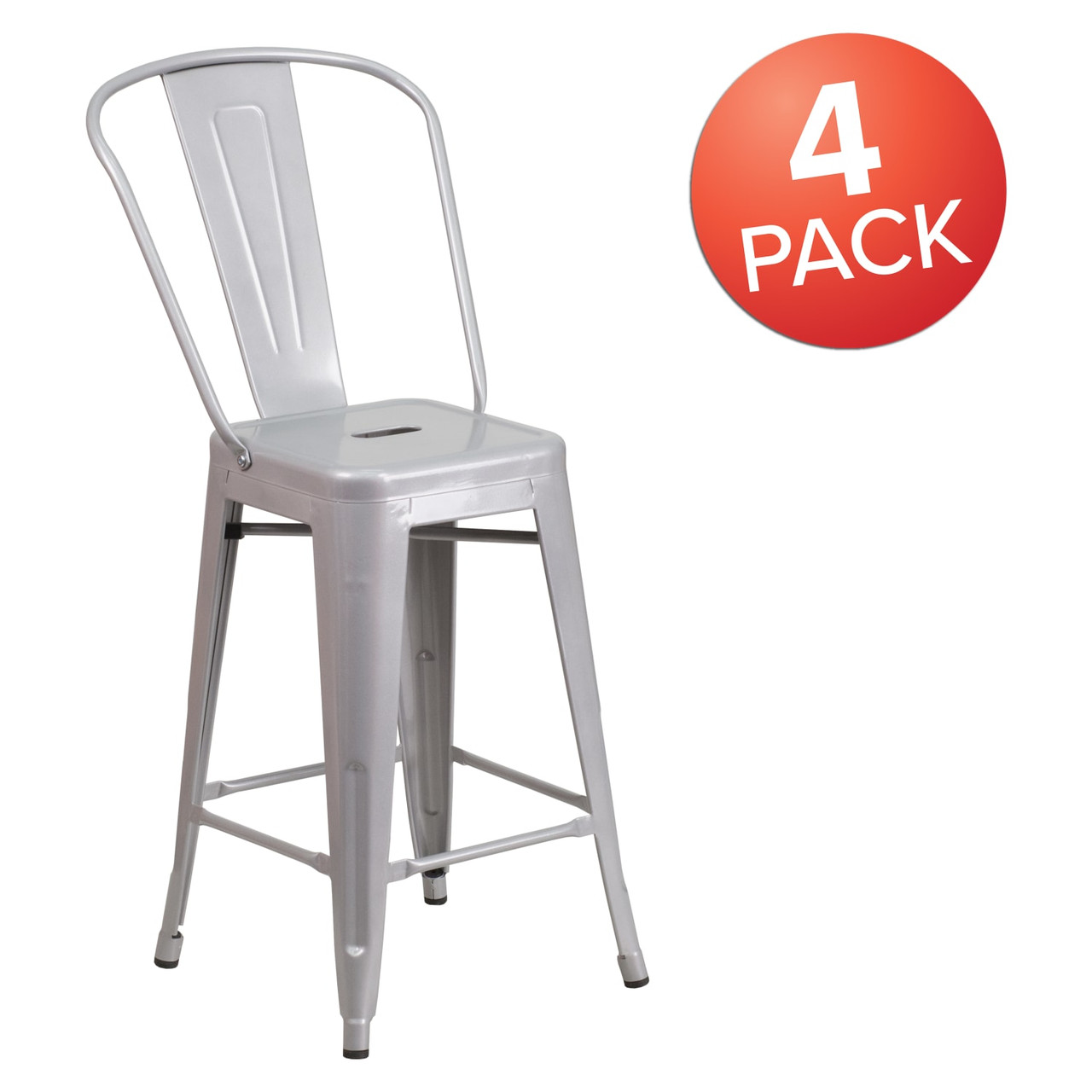 4 Pack 24” High Silver Metal Indoor-Outdoor Counter Height Stool with Removable Back